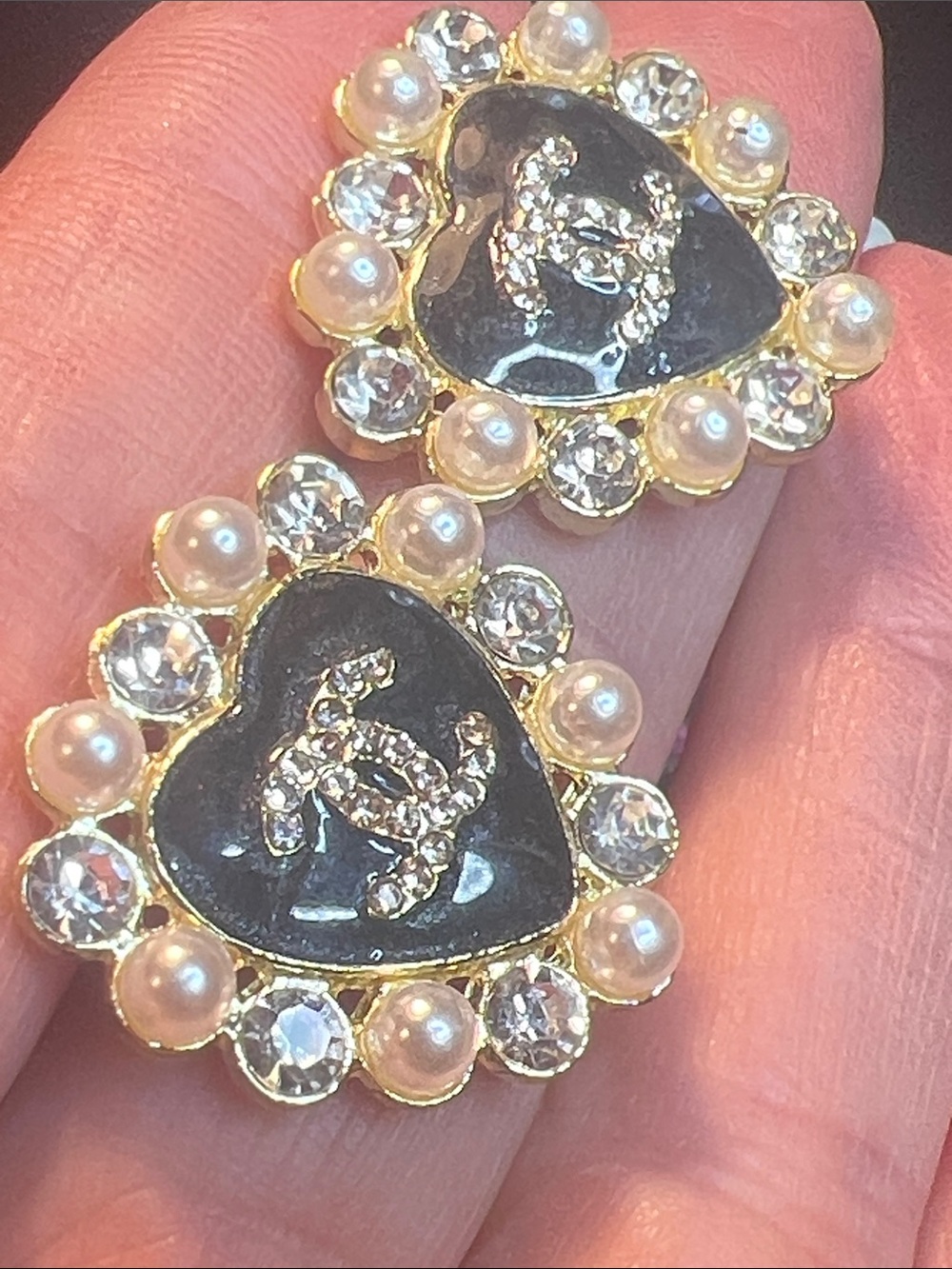 Gold-Tone Heart Earrings with Black Enamel, Pearls & Crystals - Picture 5 of 7